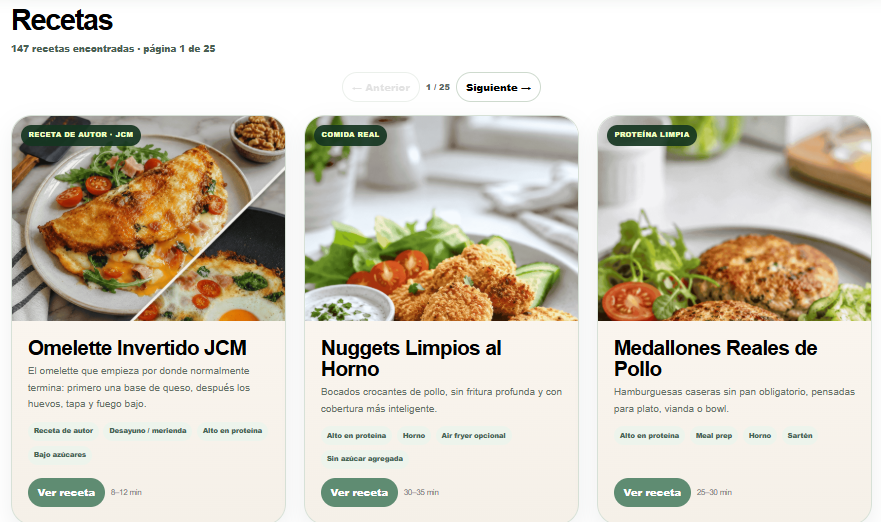Vista del módulo de recetas con tarjetas y navegación